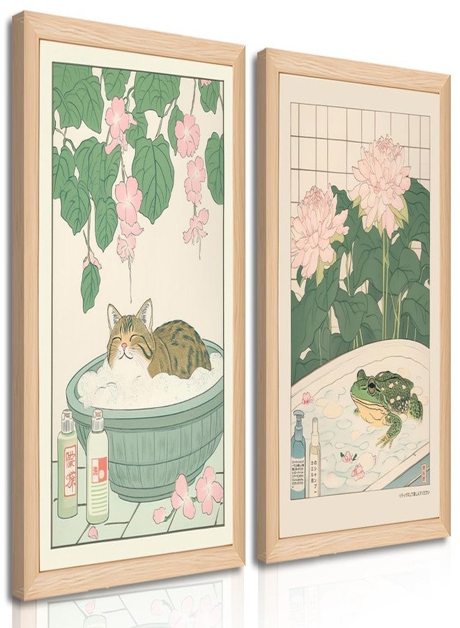 Riveda Set of 2 Japanese Bathroom Wall Art Framed Canvas with Cats & Frogs, Wooden Frame, Abstract Nature Poster Prints for Bathroom Decor, Minimalist Zen Painting Art for Home & Spa (12" W*16" H*2piece) - Image 1