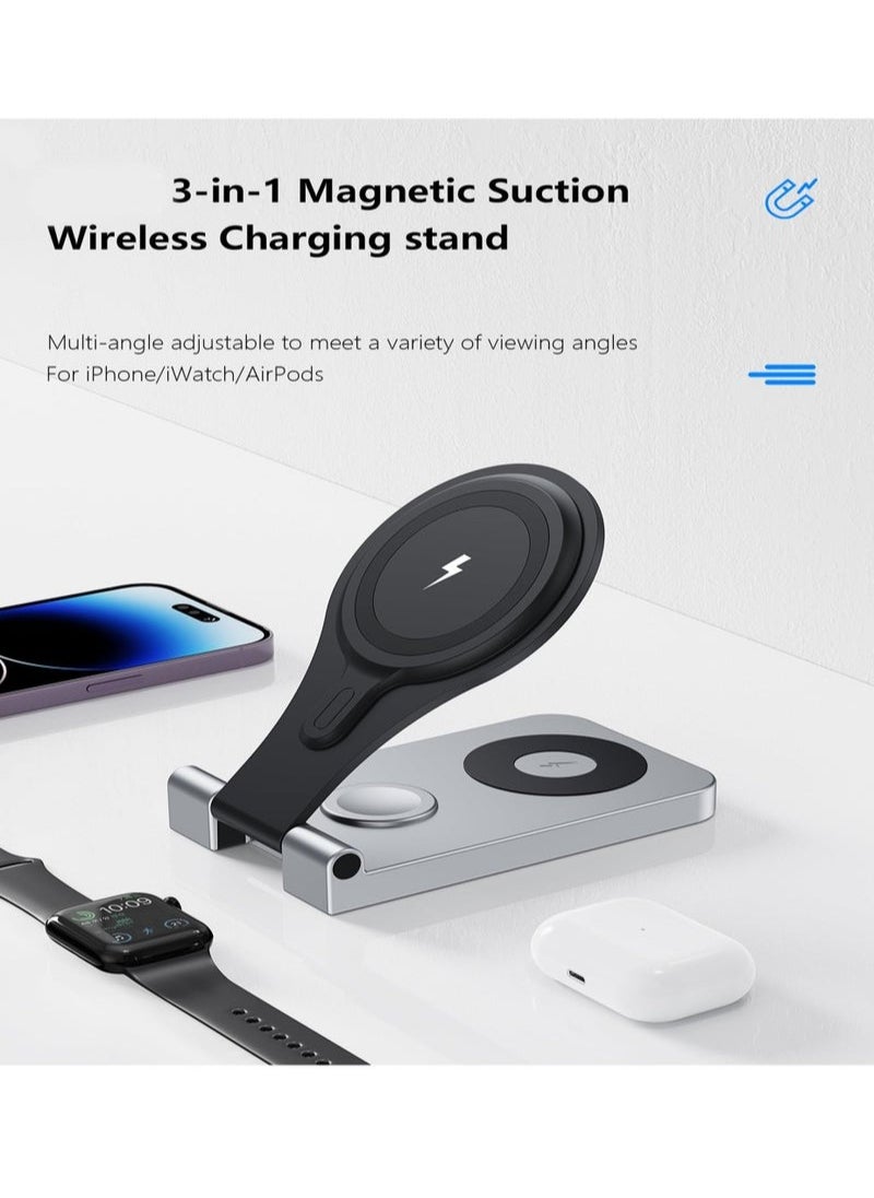 XiuWoo - Magnetic 3 in 1 Wireless Charging Station for Apple Series, 15W Fast Mag-Safe Charger Stand for iPhone 15/14/13, for iWatch9/8/7 - Image 1