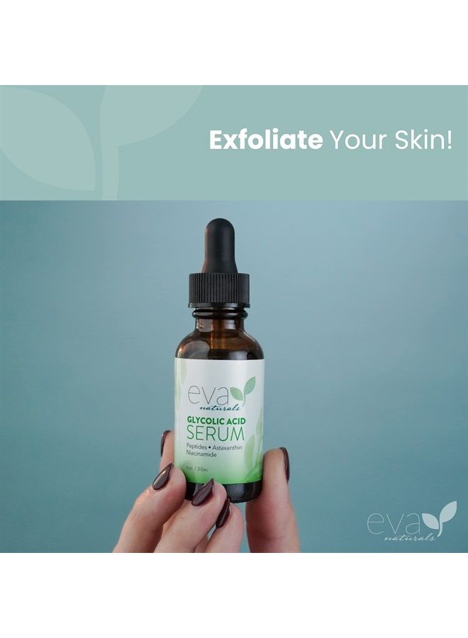 Eva Naturals سيروم حمض الجليكوليك: حمض ألفا هيدروكسي (AHA) مضاد للشيخوخة فيتامين C وحمض الهيالورونيك لتفتيح البشرة واستعادتها للبقع الداكنة، ندبات حب الشباب، الخطوط الدقيقة، الهالات السوداء والانتفاخات - Image 4
