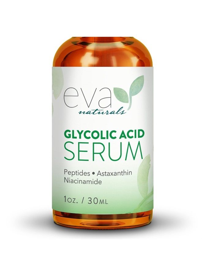 Eva Naturals سيروم حمض الجليكوليك: حمض ألفا هيدروكسي (AHA) مضاد للشيخوخة فيتامين C وحمض الهيالورونيك لتفتيح البشرة واستعادتها للبقع الداكنة، ندبات حب الشباب، الخطوط الدقيقة، الهالات السوداء والانتفاخات - Image 1
