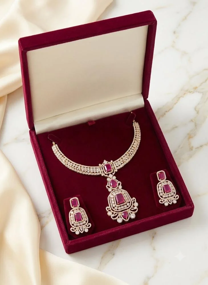 Viny Red Elegant American Diamond & Ruby Red Imitation Necklace Set for Women - Perfect for Parties, Weddings, & Festivals (Diwali, Eid) for Women | Best Price UAE
