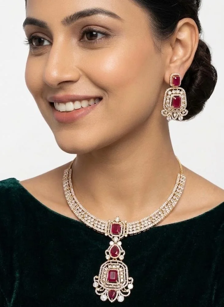 Viny Elegant American Diamond & Ruby Red Imitation Necklace Set for Women - Perfect for Parties, Weddings, & Festivals (Diwali, Eid)