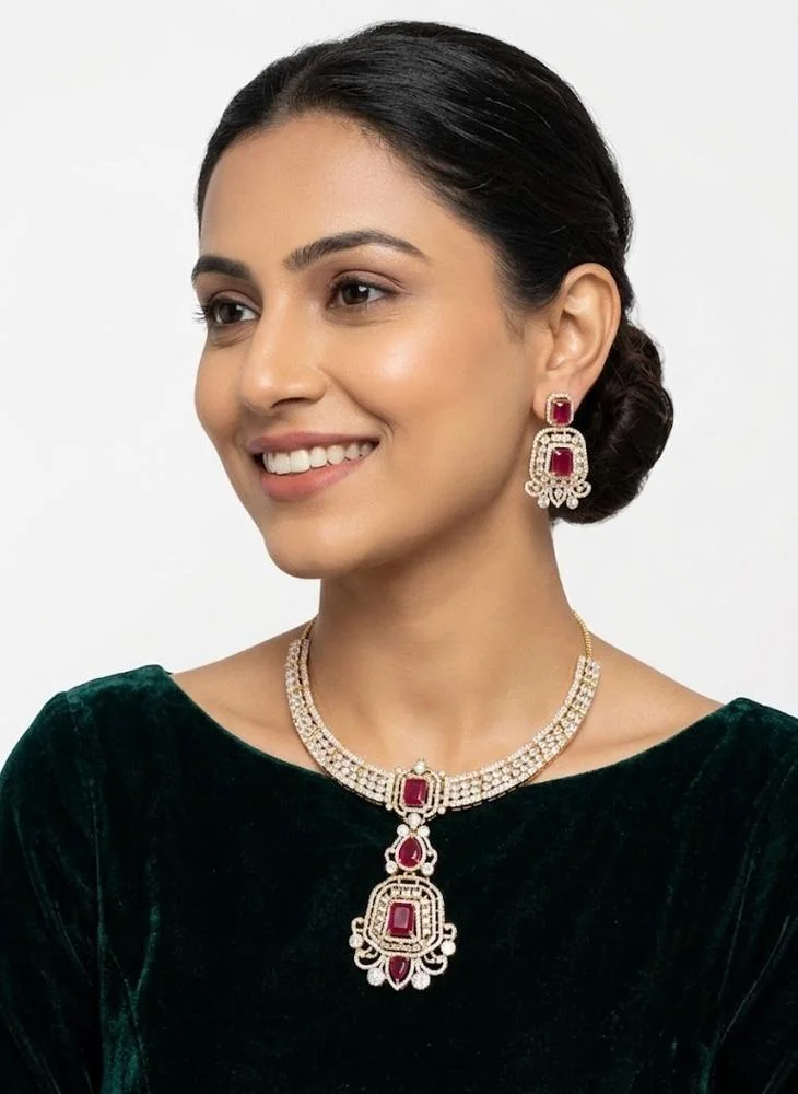 Viny Elegant American Diamond & Ruby Red Imitation Necklace Set for Women - Perfect for Parties, Weddings, & Festivals (Diwali, Eid)
