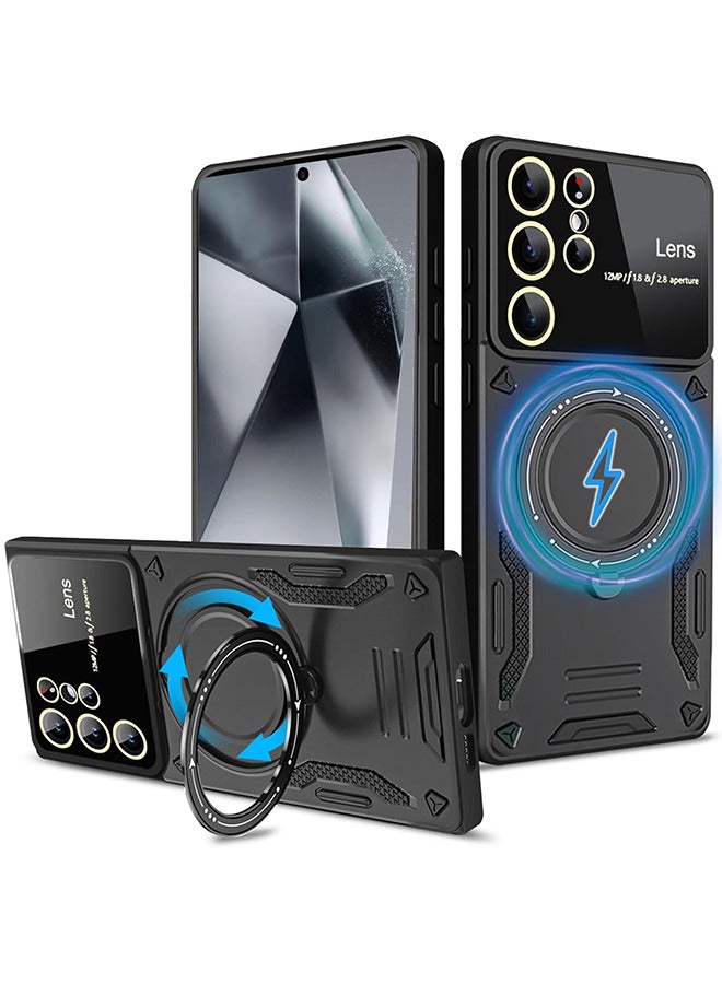 Depend Glass Lens Case For Samsung Galaxy S24 Ultra, Compatible For Wireless Charging With 360°Ring Rotating Magnetic Bracket Phone Cover For Samsung Galaxy S24 Ultra YD Black - Image 1
