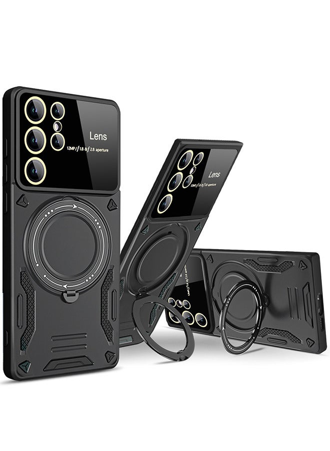 Depend Glass Lens Case For Samsung Galaxy S24 Ultra, Compatible For Wireless Charging With 360°Ring Rotating Magnetic Bracket Phone Cover For Samsung Galaxy S24 Ultra YD Black - Image 2