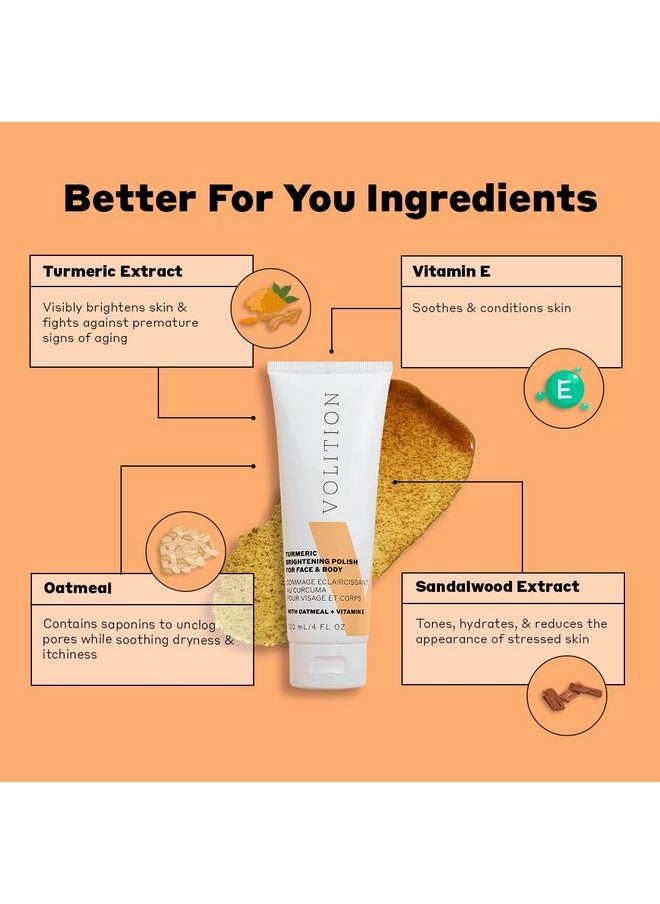 VOLITION Beauty Turmeric Brightening Polish With Oatmeal + Vitamin E | Physical Scrub To Exfoliate Face & Body | Removes Dead Skin, Boosts Luminosity & Glow, Smooths & Hydrates | Non-Stain Formula 