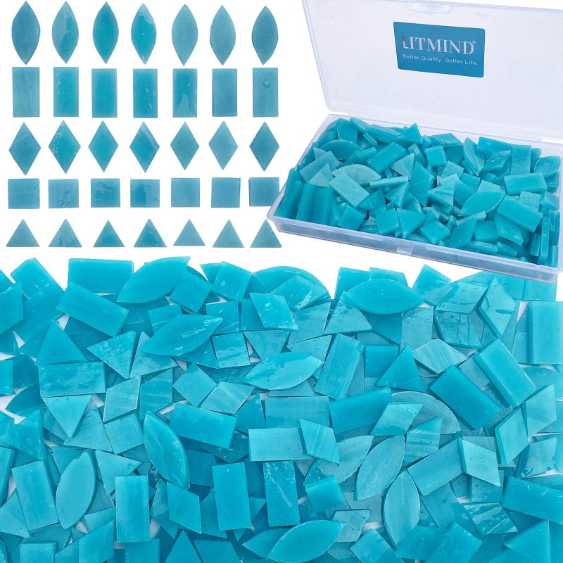 LITMIND Teal Blue Stained Glass Mosaic Tiles 240 Pieces in 5 Shapes Rectangle Triangle Rhombus Square Leaf Mixed Sizes for Crafts Mosaic Projects Home Dcor - Image 2