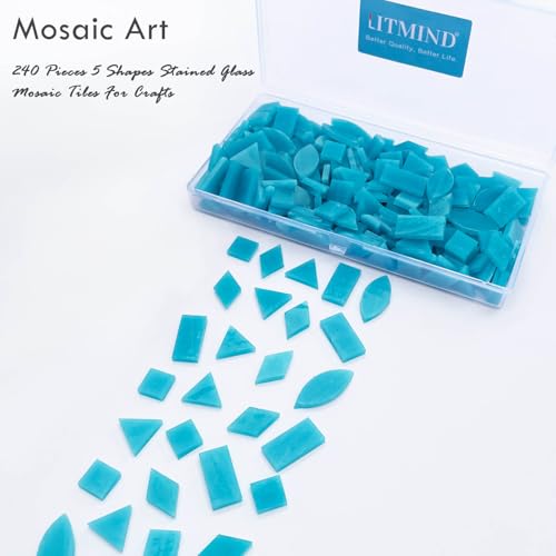LITMIND Teal Blue Stained Glass Mosaic Tiles 240 Pieces in 5 Shapes Rectangle Triangle Rhombus Square Leaf Mixed Sizes for Crafts Mosaic Projects Home Dcor - Image 3