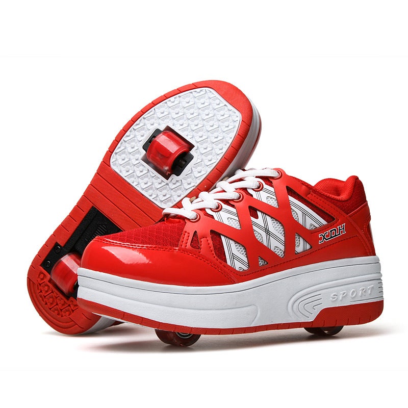 Generic Single and Double Wheels Teen Heelby Shoes for Boys and Students Automatic Female Childrens Pulley Bursting Shoes with Wheels Sneakers Red 