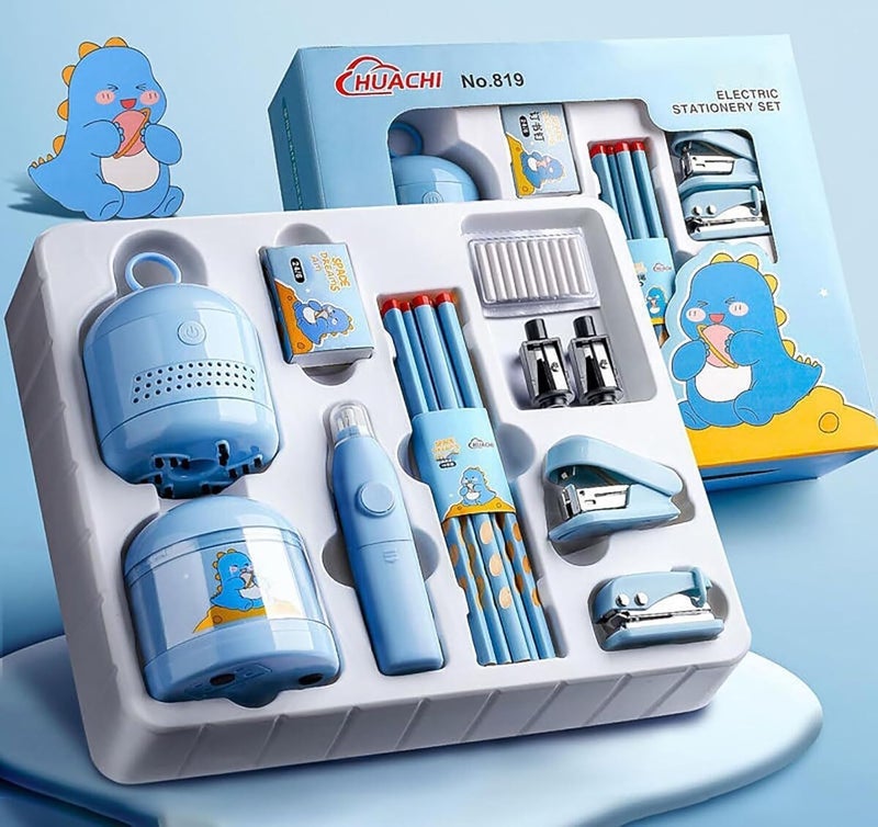 Magicwand مبراة أقلام تعمل بالبطارية، ممحاة كهربائية، مجموعة أدوات مكتبية مكنسة مع 10 قطع ممحاة للأطفال والبالغين للاستخدام في المنزل أو المكتب أو المدرسة【أزرق】 - Image 1