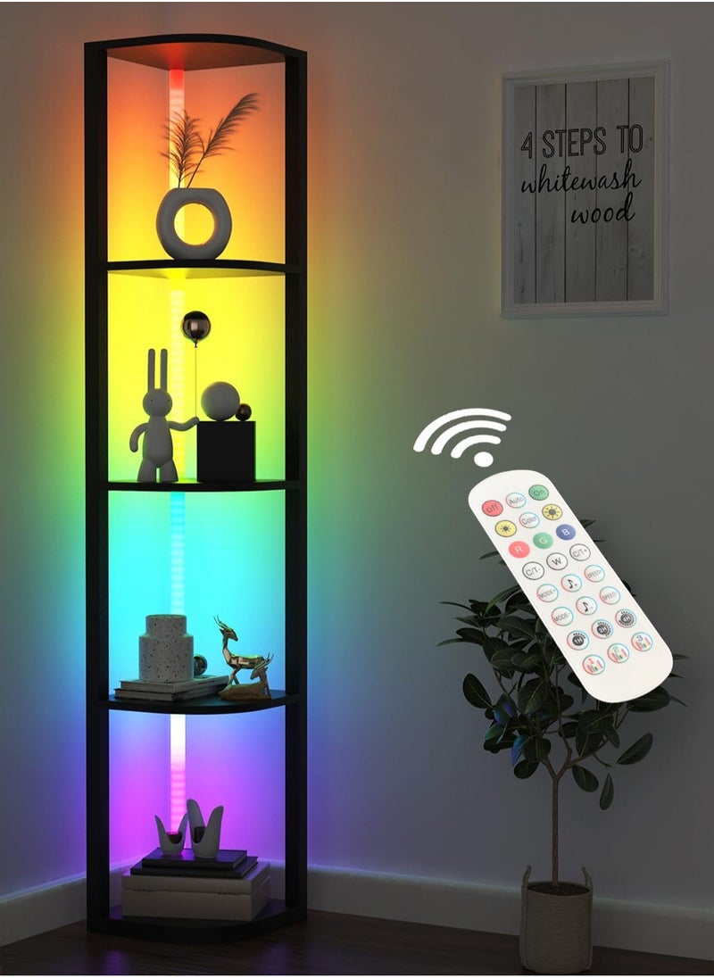 LOOPITYS - Floor lamp 5 Tiers Corner Shelf with Light Tall Display Shelf for Collectibles Control Multiple Color Lights Remote Control Floor Lamp with Shelf Supports Dimming for Living Room Bedroom Home Black 44x15x33 cm - Image 1