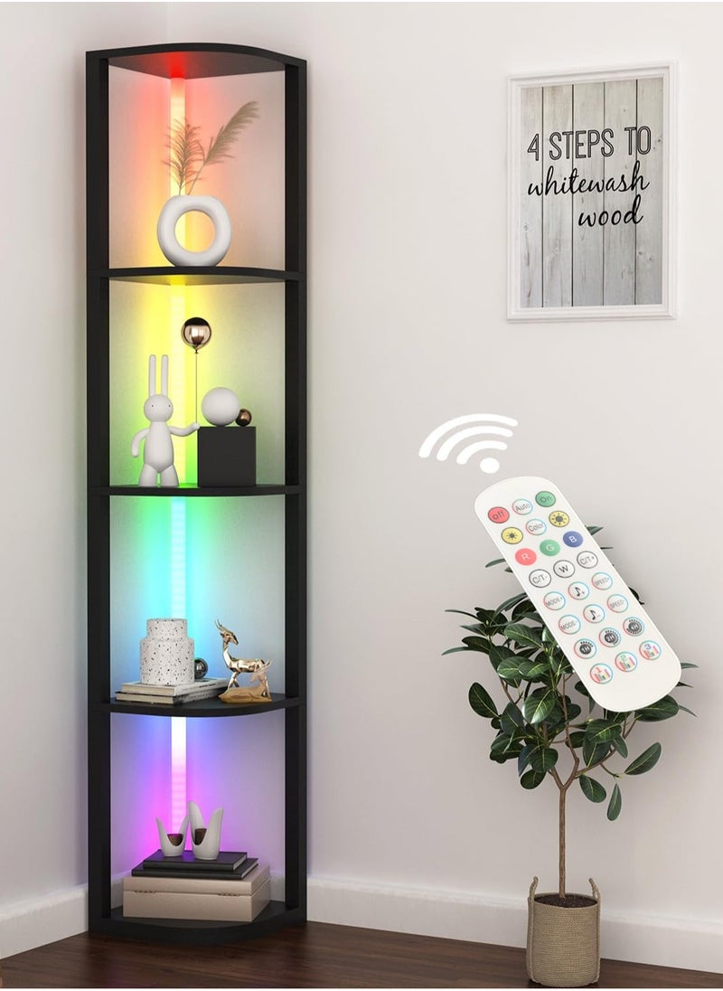 LOOPITYS - Floor lamp 5 Tiers Corner Shelf with Light Tall Display Shelf for Collectibles Control Multiple Color Lights Remote Control Floor Lamp with Shelf Supports Dimming for Living Room Bedroom Home Black 44x15x33 cm - Image 1