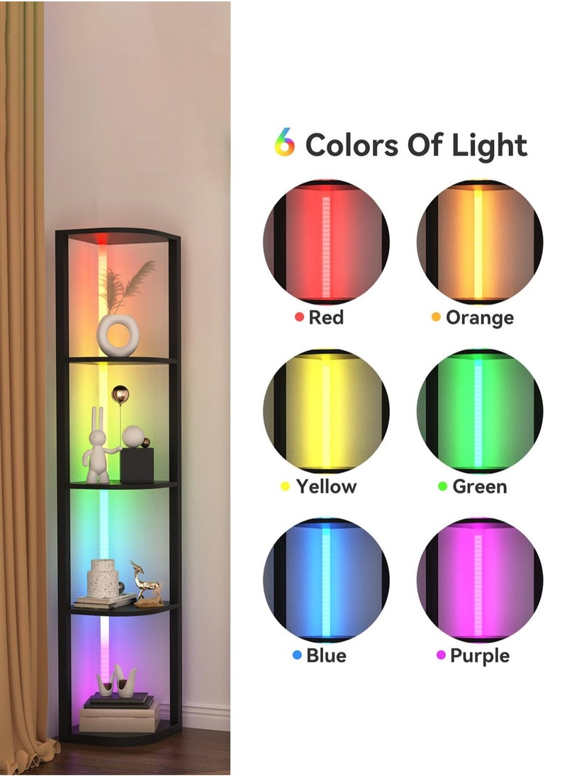 LOOPITYS - Floor lamp 5 Tiers Corner Shelf with Light Tall Display Shelf for Collectibles Control Multiple Color Lights Remote Control Floor Lamp with Shelf Supports Dimming for Living Room Bedroom Home Black 44x15x33 cm - Image 1
