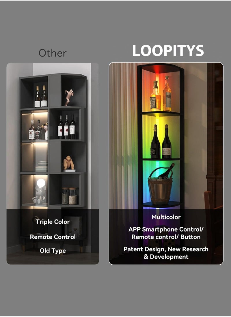 LOOPITYS - Floor lamp 5 Tiers Corner Shelf with Light Tall Display Shelf for Collectibles Control Multiple Color Lights Remote Control Floor Lamp with Shelf Supports Dimming for Living Room Bedroom Home Black 44x15x33 cm - Image 1