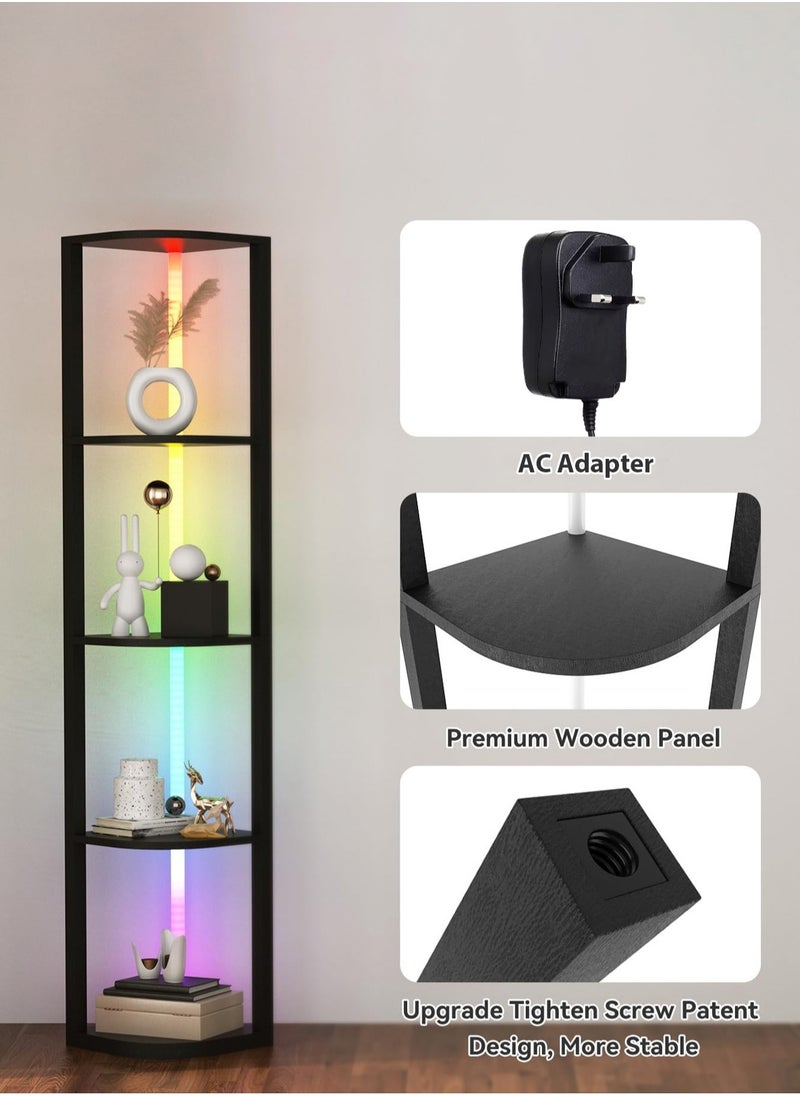 LOOPITYS - Floor lamp 5 Tiers Corner Shelf with Light Tall Display Shelf for Collectibles Control Multiple Color Lights Remote Control Floor Lamp with Shelf Supports Dimming for Living Room Bedroom Home Black 44x15x33 cm - Image 1