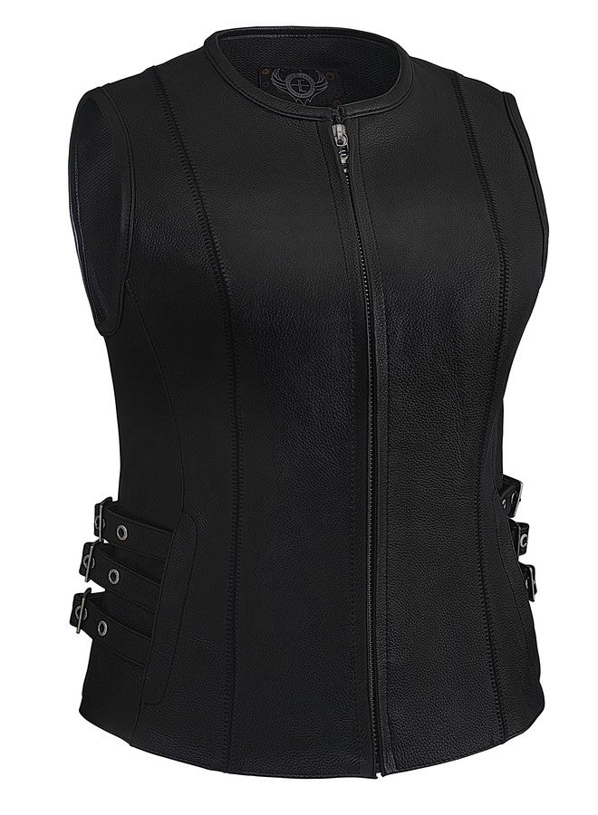 True Element Womens Side Buckled Zip Front Motorcycle Leather Vest (Black, Size S) - Image 1