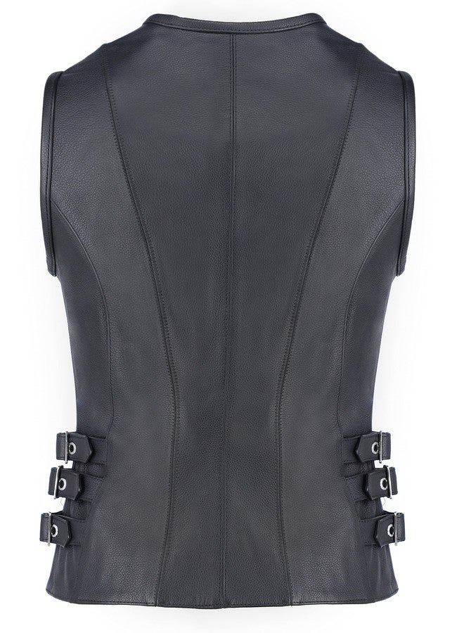 True Element Womens Side Buckled Zip Front Motorcycle Leather Vest (Black, Size S) - Image 2
