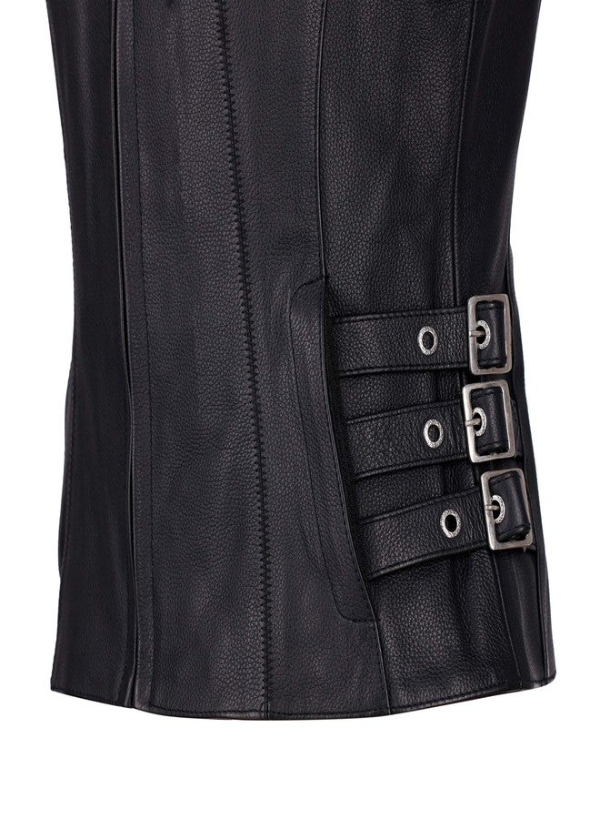 True Element Womens Side Buckled Zip Front Motorcycle Leather Vest (Black, Size S) - Image 5