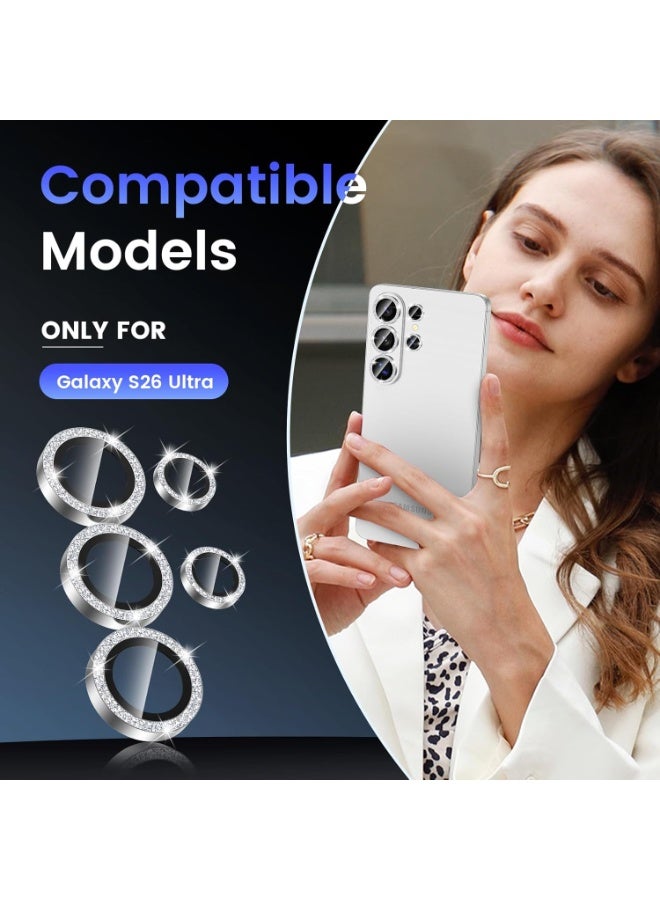 For Samsung S26 Ultra Camera Lens Protector 9H Tempered Glass with Luxury Glitter Aluminum Ring AR HD Clear Scratch Resistant Case Friendly Individual Lens （silver） - Image 2