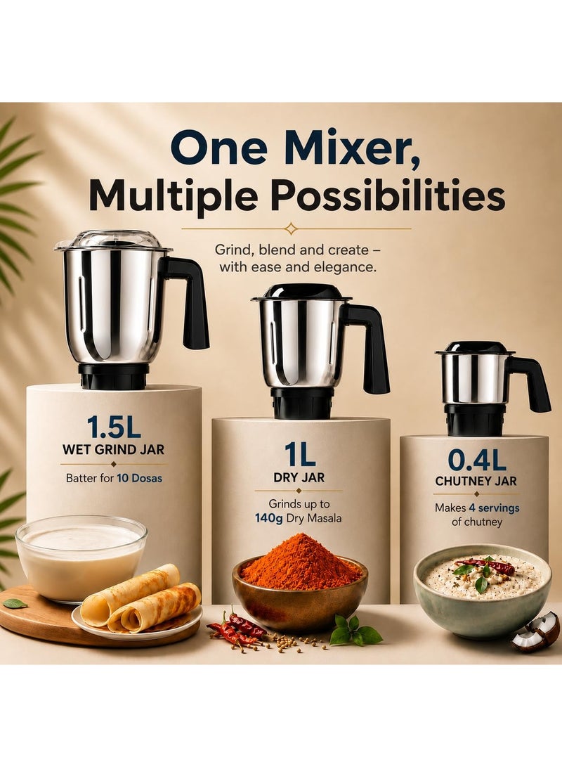 Milton Ascent Mixer Grinder, 800W, 3 Jars, Blue - Image 3