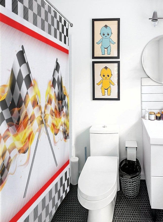 TKUYO Racing Car Shower Curtain for Bathroom, Race Flag Game Theme Checkered Firing White and Black Flag for Kids Boys Waterproof Fabric Shower Curtain Set with Hooks, 72"x72" Inch - Image 4