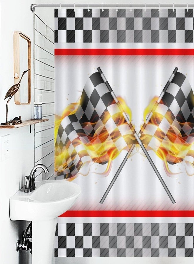 TKUYO Racing Car Shower Curtain for Bathroom, Race Flag Game Theme Checkered Firing White and Black Flag for Kids Boys Waterproof Fabric Shower Curtain Set with Hooks, 72"x72" Inch - Image 3