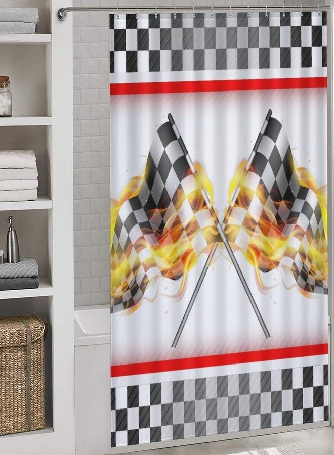 TKUYO Racing Car Shower Curtain for Bathroom, Race Flag Game Theme Checkered Firing White and Black Flag for Kids Boys Waterproof Fabric Shower Curtain Set with Hooks, 72"x72" Inch - Image 2