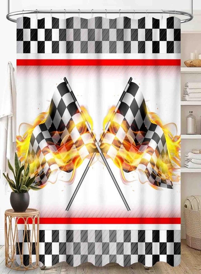 TKUYO Racing Car Shower Curtain for Bathroom, Race Flag Game Theme Checkered Firing White and Black Flag for Kids Boys Waterproof Fabric Shower Curtain Set with Hooks, 72"x72" Inch - Image 1