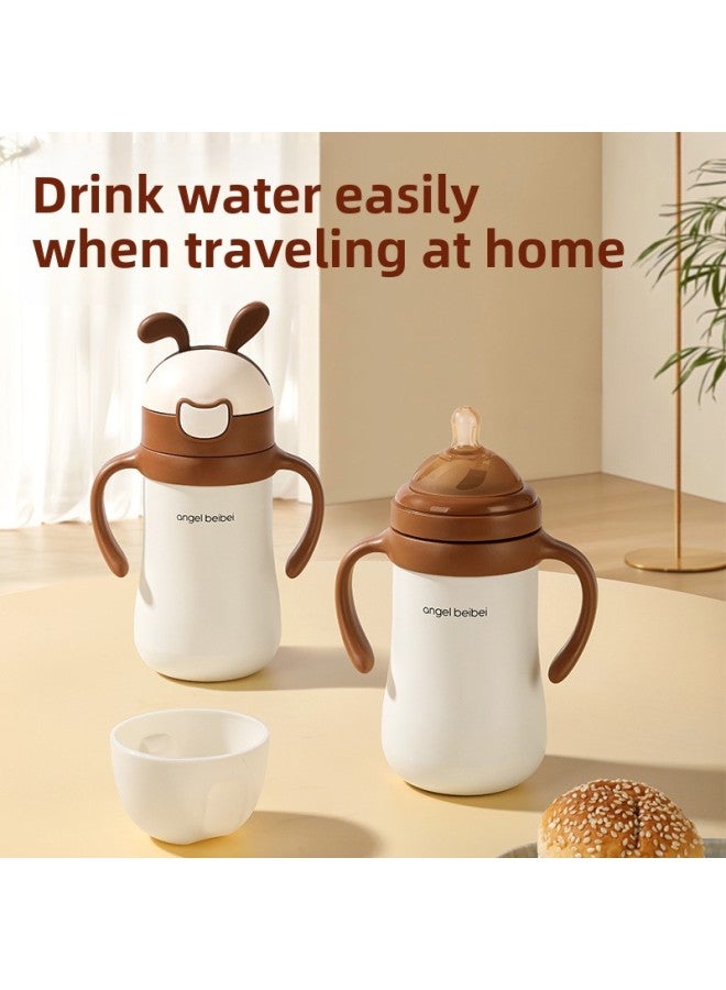 Thermally Insulated Stainless Steel 316 Water Cup With Straw For Babies And Children Anti-Choking Learning Drinking Cup With Handle-Color:Coffee-Capacity:Coffee Straw Cover - Image 2