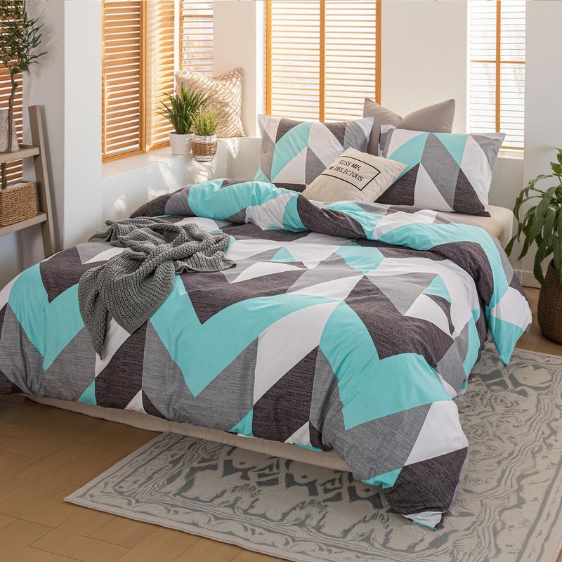 Bedbay Teal Comforter Set King Size Gray and Turquoise Bedding Set Modern Geometric Chevron Duvet Insert 3 Pcs Western Bedding Comforter Set Soft Lightweight Down Alternative Bed Set for All Season