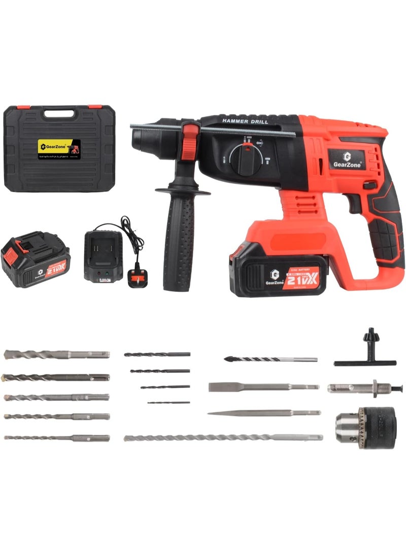 GearZone Cordless Electric Hammer Drill, 21V High Power, With Accessories Set, for Metal Concrete & Wood Drilling, With Two Lithium Batteries - Image 1