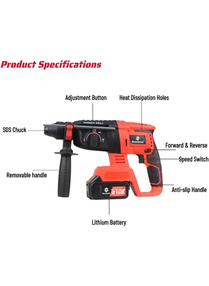 GearZone Cordless Electric Hammer Drill, 21V High Power, With Accessories Set, for Metal Concrete & Wood Drilling, With Two Lithium Batteries - Image 2