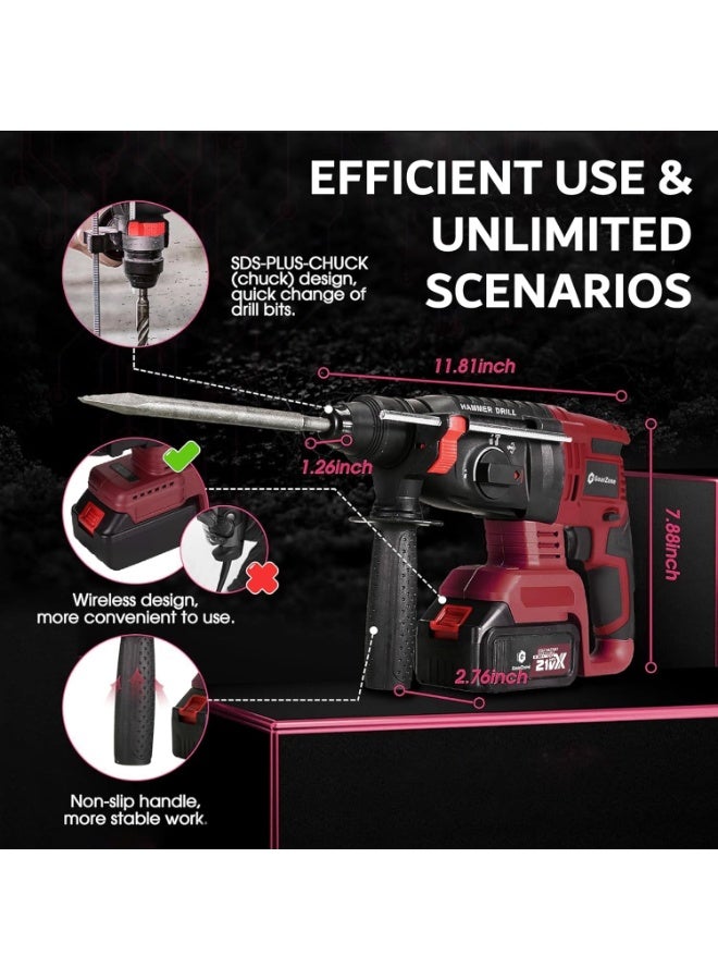 GearZone Cordless Electric Hammer Drill, 21V High Power, With Accessories Set, for Metal Concrete & Wood Drilling, With Two Lithium Batteries - Image 3