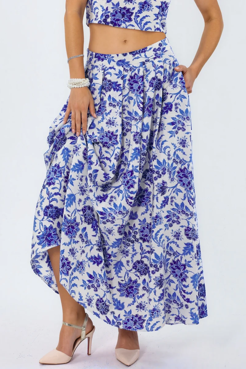 BUSEM Floral High Waist Midi A-Line Pleated Skirt