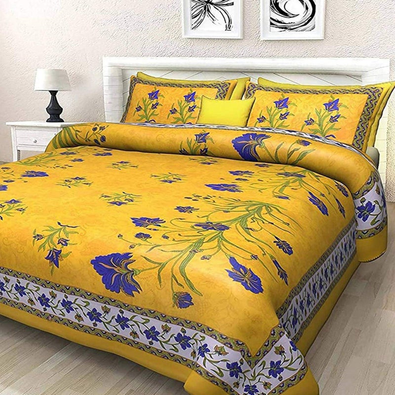 BedZone Jaipuri Print 100% Cotton Rajasthani Tradition Double Bedsheet with 2 Pillow Cover, Floral, Yellow - Image 1
