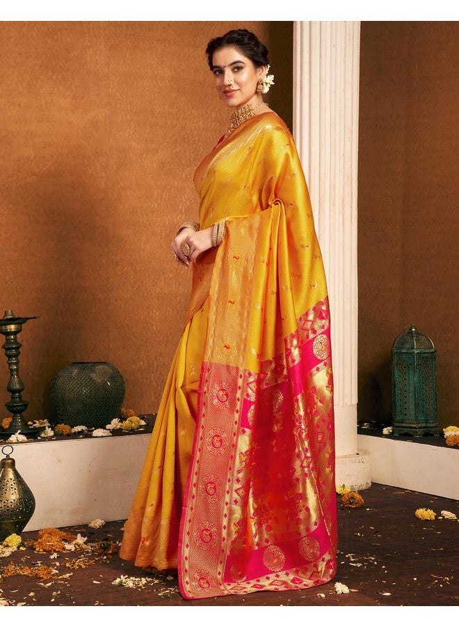 SIRIL SIRIL Women's Paithani Soft Silk Kanjivarm Saree With Unstitched Blouse Piece (4047S6323_Yellow) - Image 2