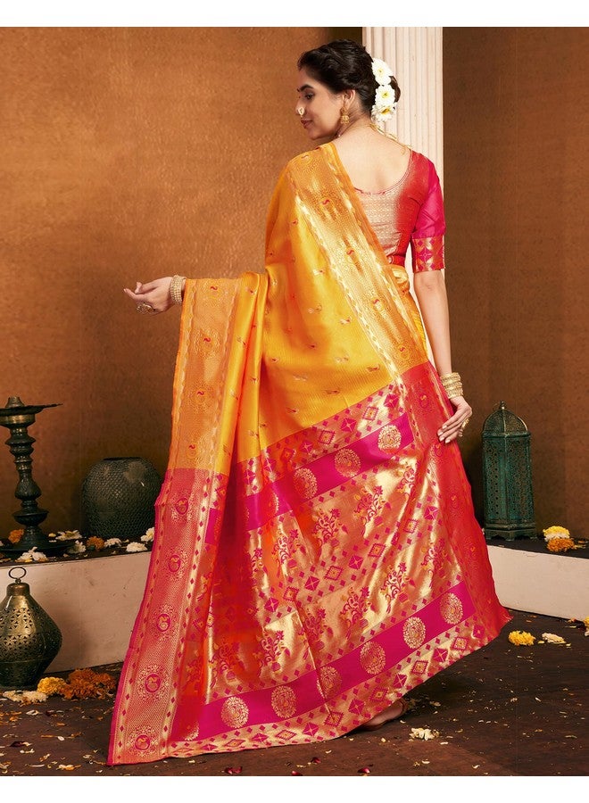 SIRIL SIRIL Women's Paithani Soft Silk Kanjivarm Saree With Unstitched Blouse Piece (4047S6323_Yellow) - Image 5