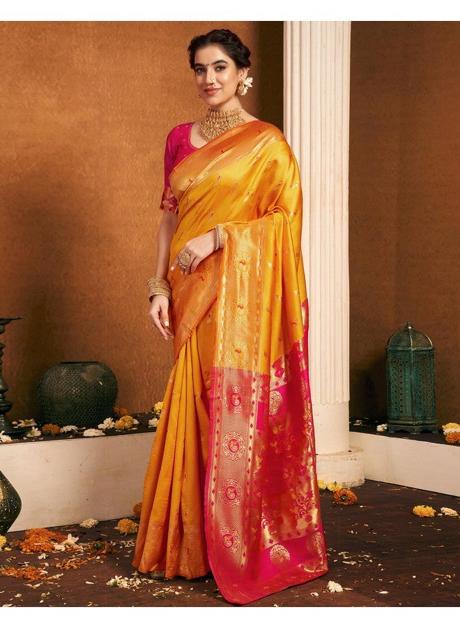 SIRIL SIRIL Women's Paithani Soft Silk Kanjivarm Saree With Unstitched Blouse Piece (4047S6323_Yellow) - Image 3