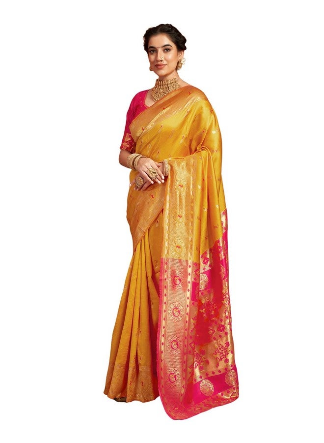 SIRIL SIRIL Women's Paithani Soft Silk Kanjivarm Saree With Unstitched Blouse Piece (4047S6323_Yellow) - Image 1
