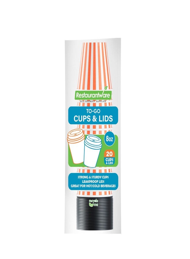 Restaurantware 8 Ounce Disposable Coffee Cups With Lids, 20 Hot Cups With Lids - Sleeves Sold Separately, Single Wall, Orange And White Stripe Paper Coffee Cups, For All Kinds Of Beverages - Image 1