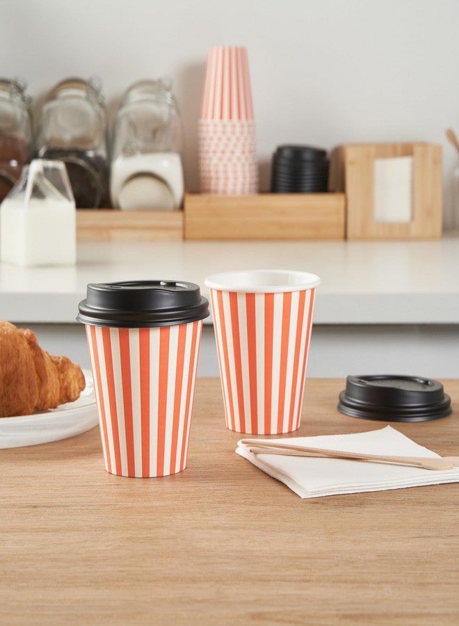 Restaurantware 8 Ounce Disposable Coffee Cups With Lids, 20 Hot Cups With Lids - Sleeves Sold Separately, Single Wall, Orange And White Stripe Paper Coffee Cups, For All Kinds Of Beverages - Image 5