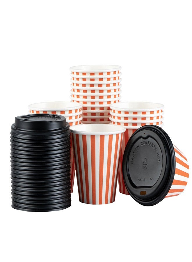 Restaurantware 8 Ounce Disposable Coffee Cups With Lids, 20 Hot Cups With Lids - Sleeves Sold Separately, Single Wall, Orange And White Stripe Paper Coffee Cups, For All Kinds Of Beverages - Image 2