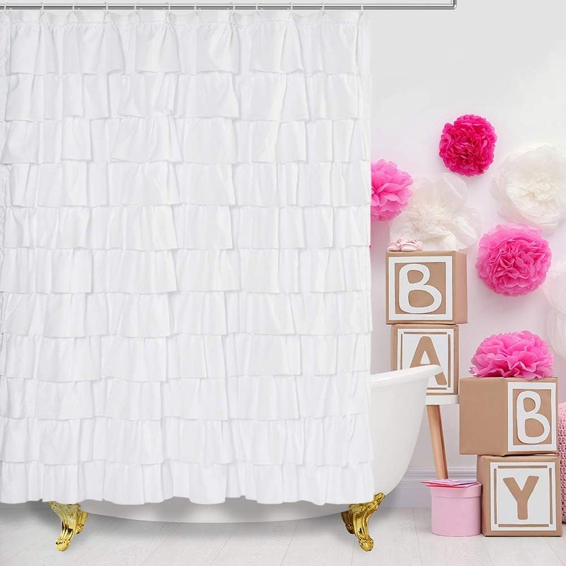 WestWeir Ruffle Shower Curtain,84-inches Extra Long,White Ruffled Bath Curtains for Bathroom,Fabric Farmhouse Decor,Soft Touch Decorative Cloth Texture,(L84xW72 inch,1 Panel) - Image 3