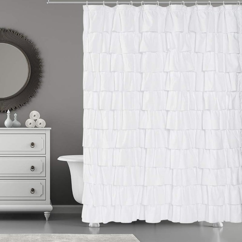 WestWeir Ruffle Shower Curtain,84-inches Extra Long,White Ruffled Bath Curtains for Bathroom,Fabric Farmhouse Decor,Soft Touch Decorative Cloth Texture,(L84xW72 inch,1 Panel) - Image 1