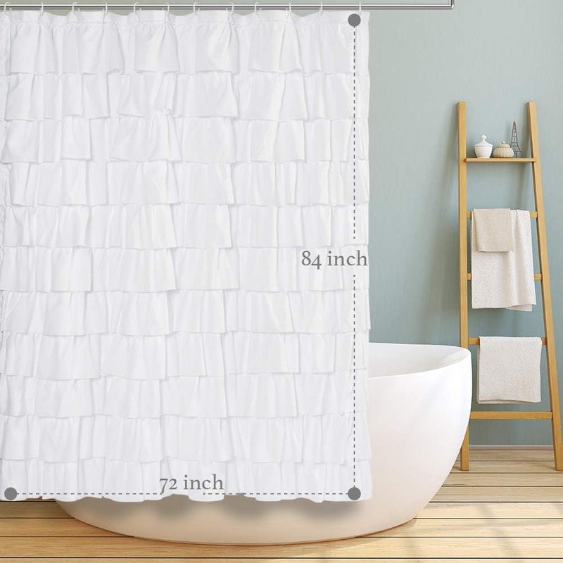 WestWeir Ruffle Shower Curtain,84-inches Extra Long,White Ruffled Bath Curtains for Bathroom,Fabric Farmhouse Decor,Soft Touch Decorative Cloth Texture,(L84xW72 inch,1 Panel) - Image 4