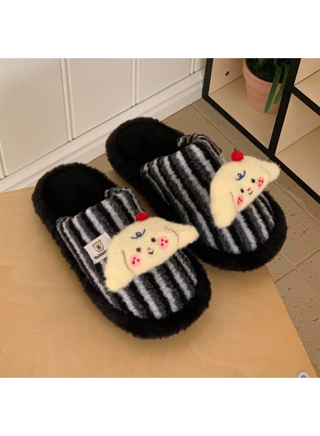 Furry Slippers For Women In Winter Fleece-lined To Heattech Home Indoor Non-slip Cute Big Eye Stripesd Color Matching Toe Cotton Slippers