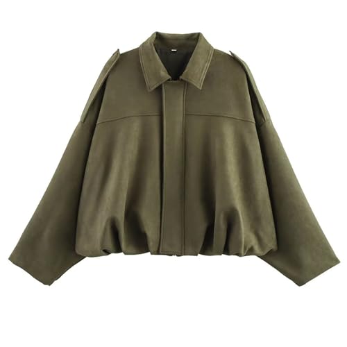 CUFEZN Womens Faux Suede Bomber Jacket Oversized Streetwear Casual Lapel Long Sleeve Motorcycle Jacket 2025 Fall Trendy Y2k Going Out Coat Armygreen Medium - Image 1