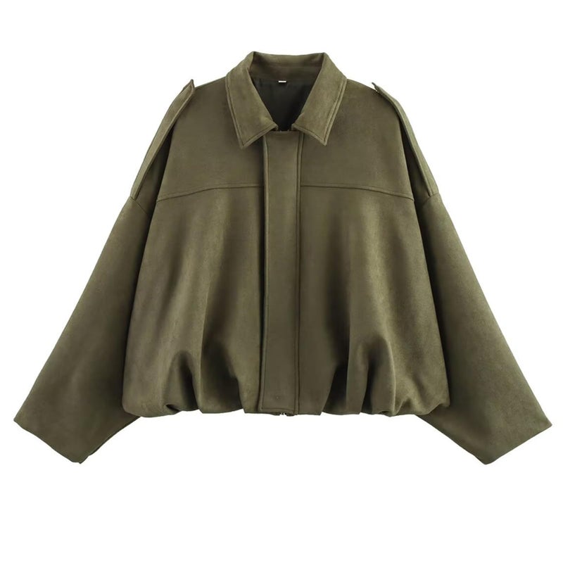 CUFEZN Womens Faux Suede Bomber Jacket Oversized Streetwear Casual Lapel Long Sleeve Motorcycle Jacket 2025 Fall Trendy Y2k Going Out Coat Armygreen Medium - Image 2