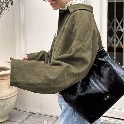 CUFEZN Womens Faux Suede Bomber Jacket Oversized Streetwear Casual Lapel Long Sleeve Motorcycle Jacket 2025 Fall Trendy Y2k Going Out Coat Armygreen Medium - Image 3