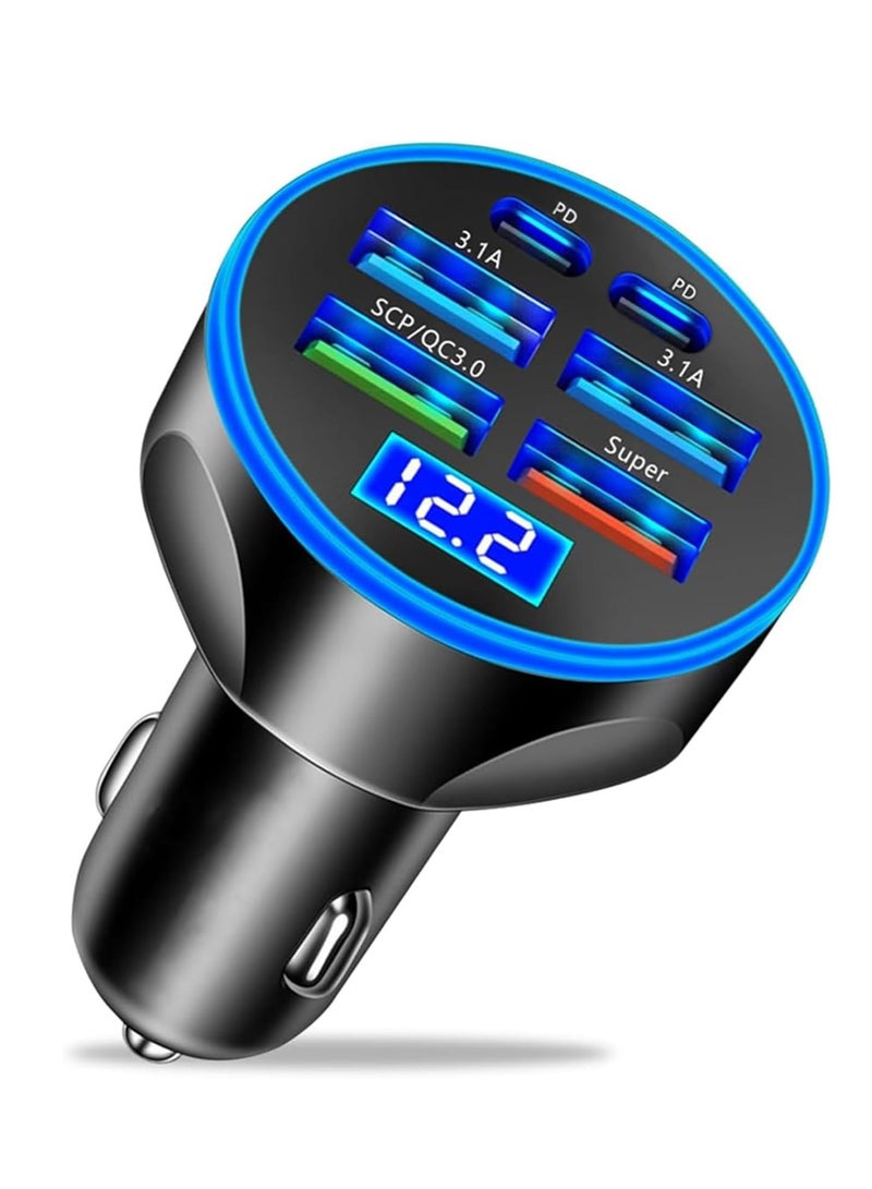 Super Fast Charge USB C Car Phone Charger Adapter 6 in 1 with Voltage Display 250W Multi Port Cigarette Lighter USB Charge for iPhone 16 15 14 13 12 11 Samsung Galaxy Huawei Oneplus Oppo Vivo  - Image 1